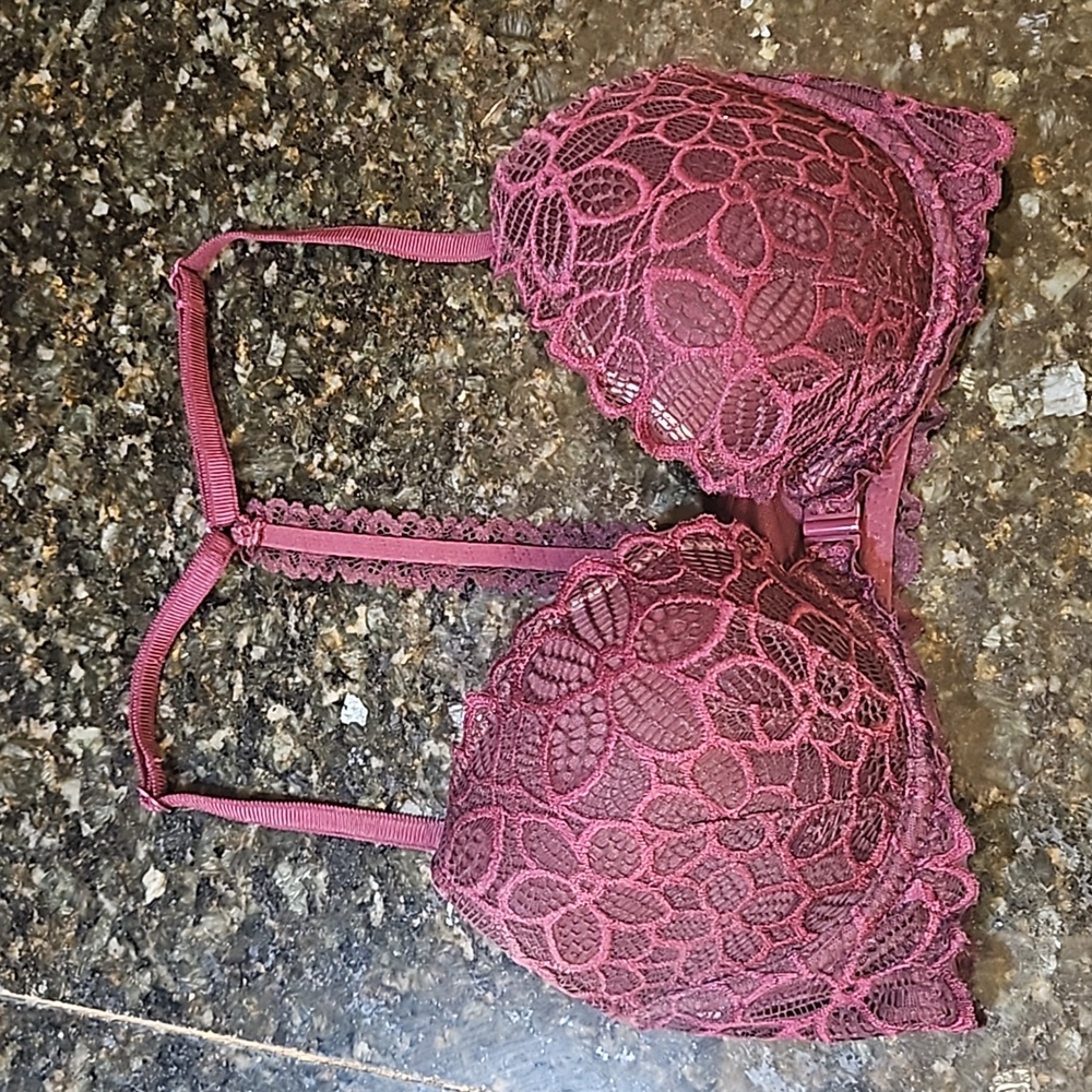 Victoria's Secret PINK Push-up Bra Maroon w/ Lace Floral Pattern Womens 32 C
